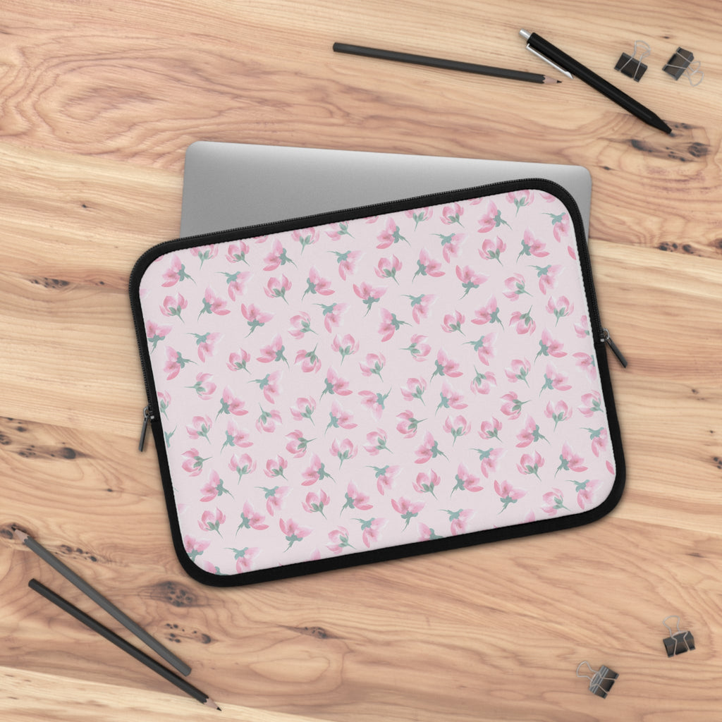 Floral laptop sleeve, pink-green tulip pattern with black outer zipper