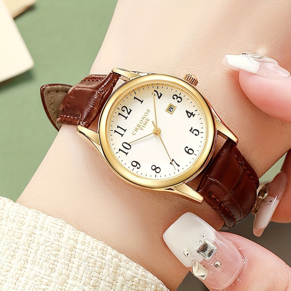Minimalist digital-calendar wristwatch with white dial, brown leather strap, gold-tone case