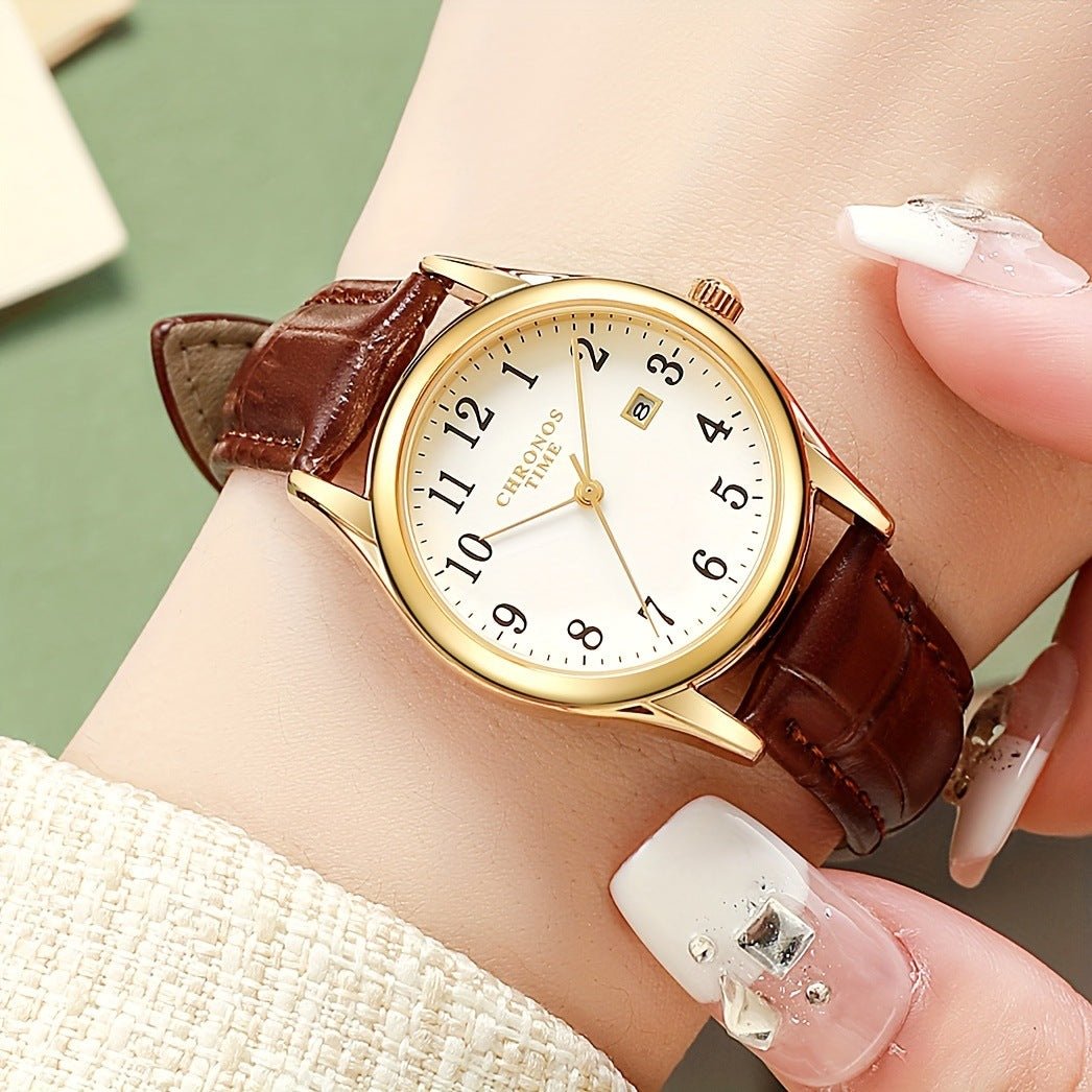 Minimalist digital-calendar wristwatch with white dial, brown leather strap, gold-tone case