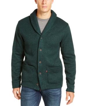 Men's shawl-collar sweater in dark green knit with button front and chest pocket