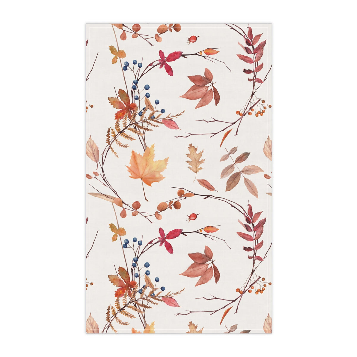 Fall foliage tea towel with repeating autumn leaves, berries, and branches design