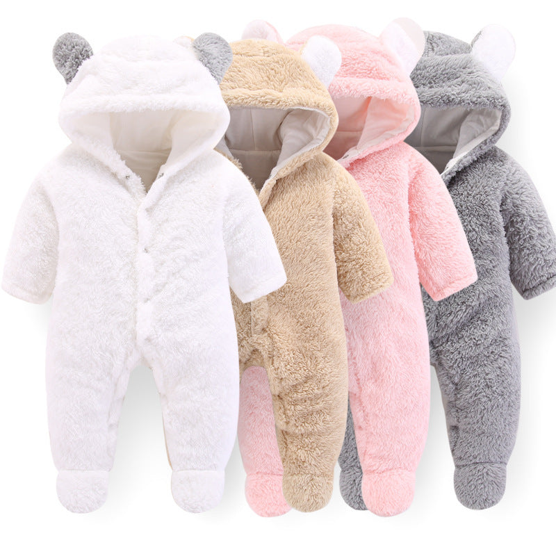 White hooded baby jumpsuit romper with bear-ear hood and long sleeves