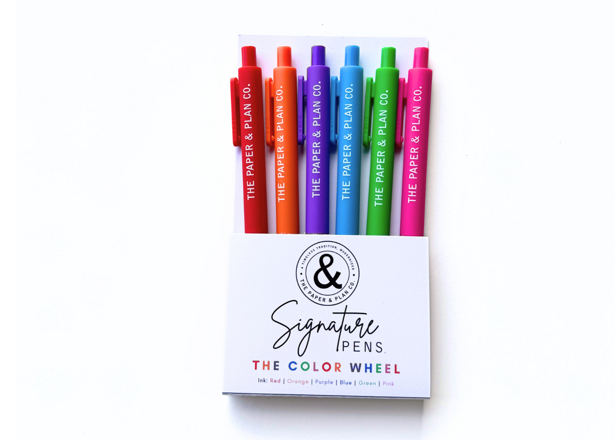 Color wheel pen set in assorted red, orange, purple, blue, green, and pink pens