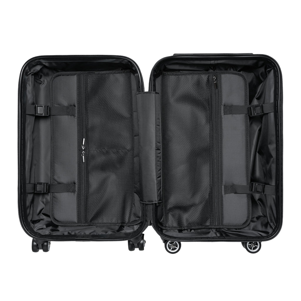 Hard-shell suitcase open interior with two compartments and mesh zipper pockets, black