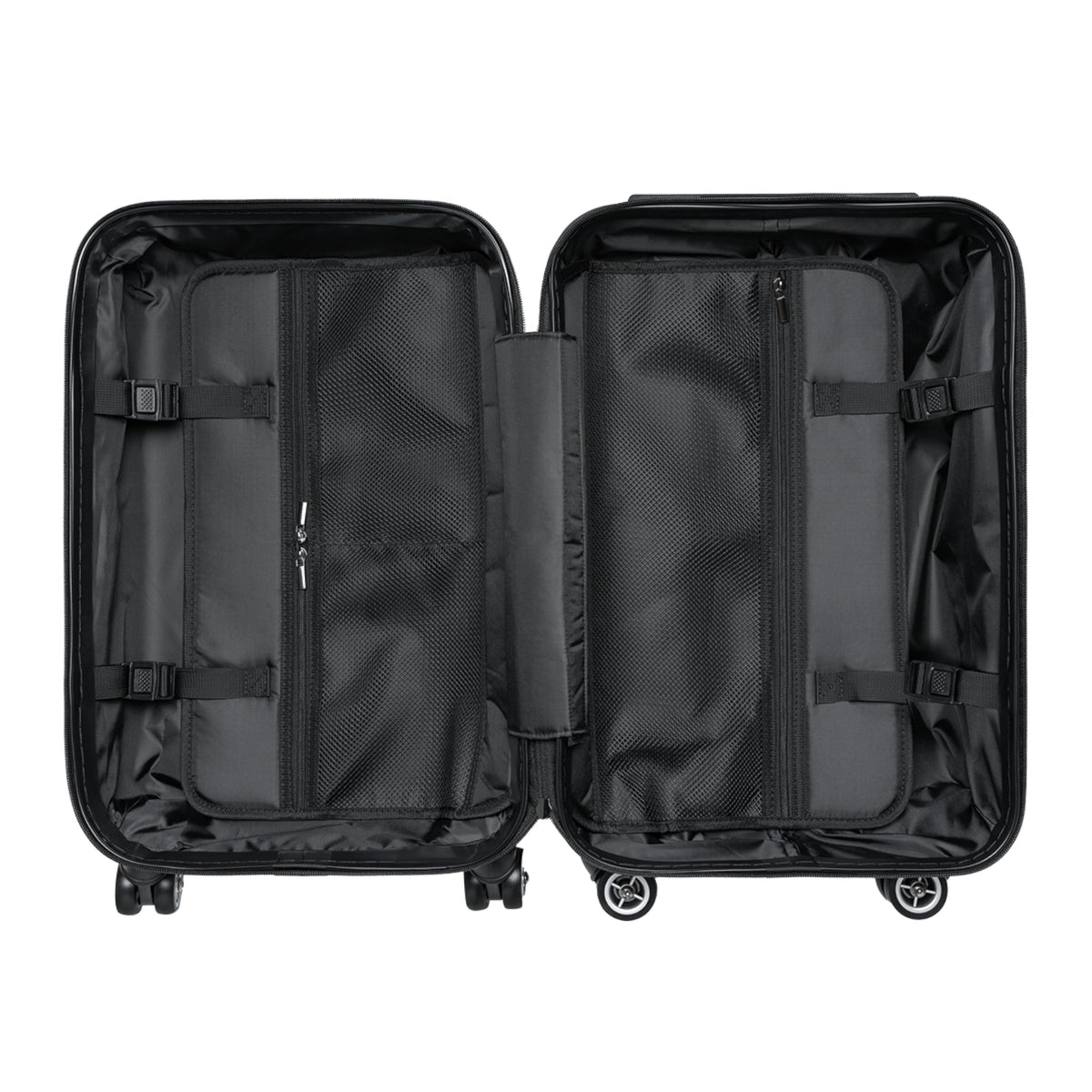 Hard-shell suitcase open interior with two compartments and mesh zipper pockets, black