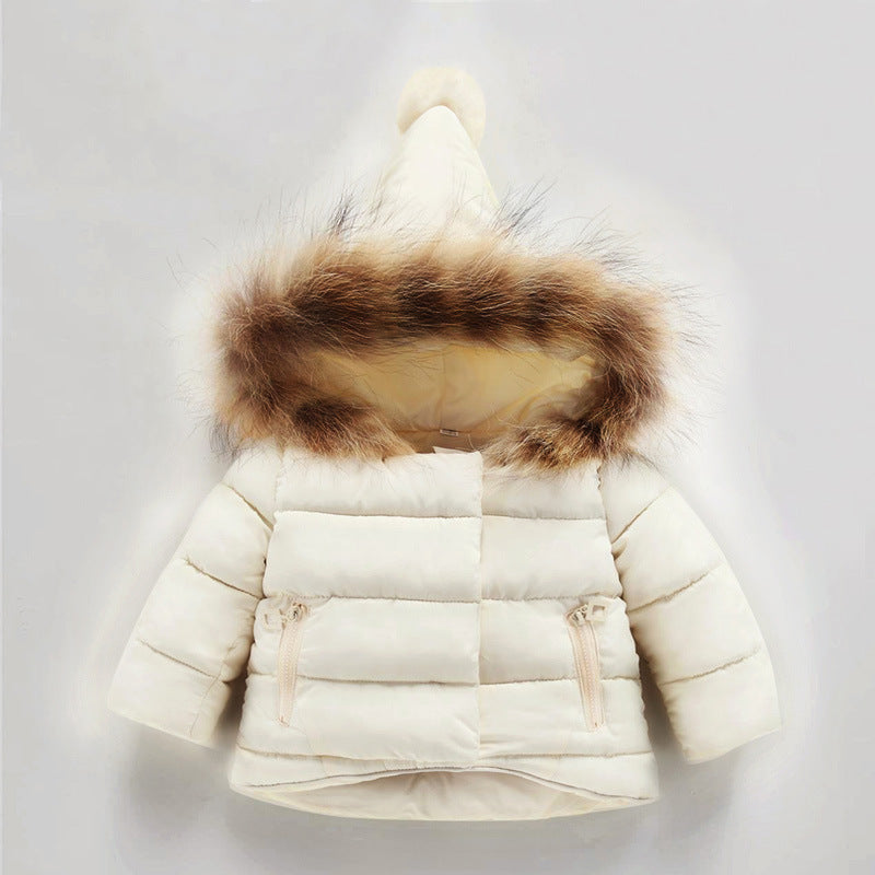White hooded baby puffer jacket with faux-fur trimmed hood and zip front