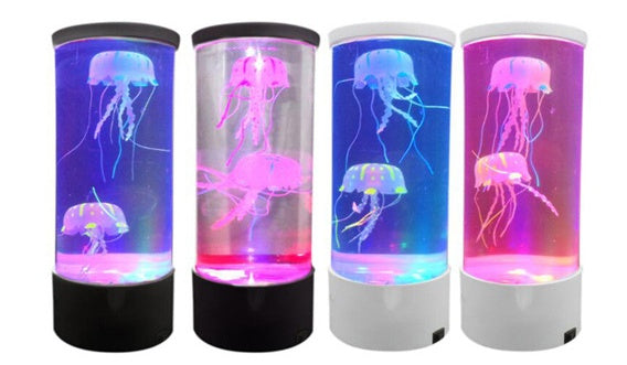 USB LED jellyfish aquarium night light set with colorful jellyfish glow, black base