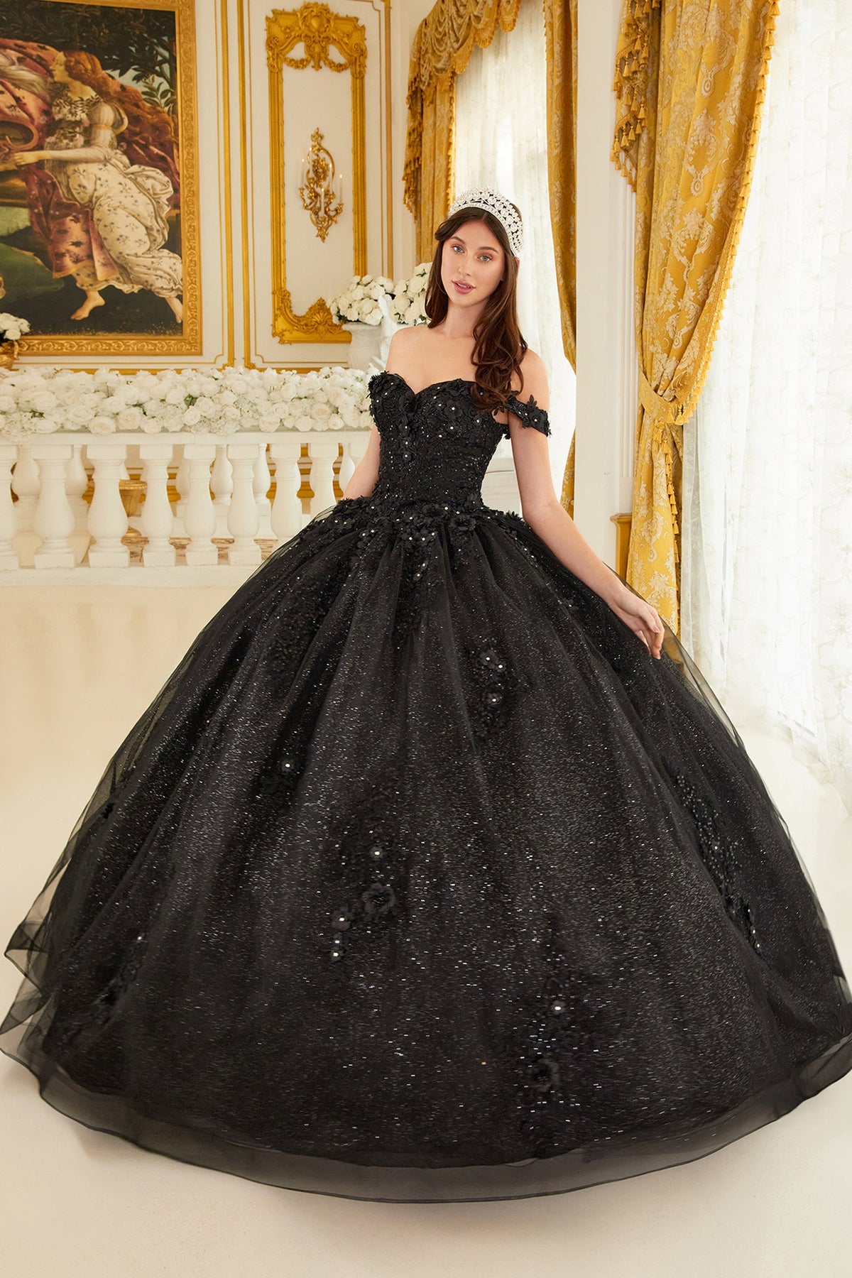 Black off-the-shoulder ball gown with sparkling tulle skirt and sequin bodice
