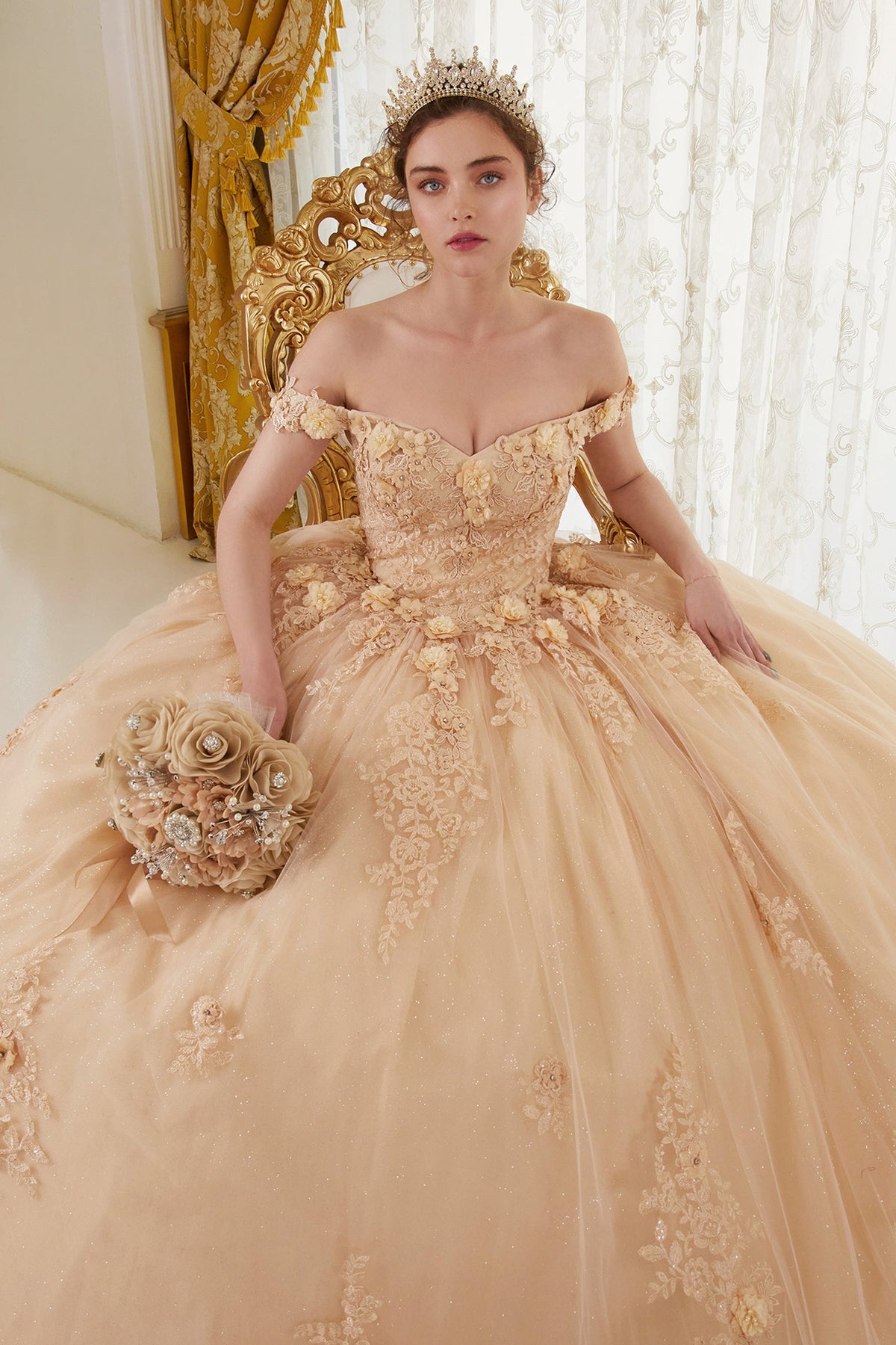 Champagne gold off-shoulder ball gown with lace bodice, floral embroidery, and full skirt