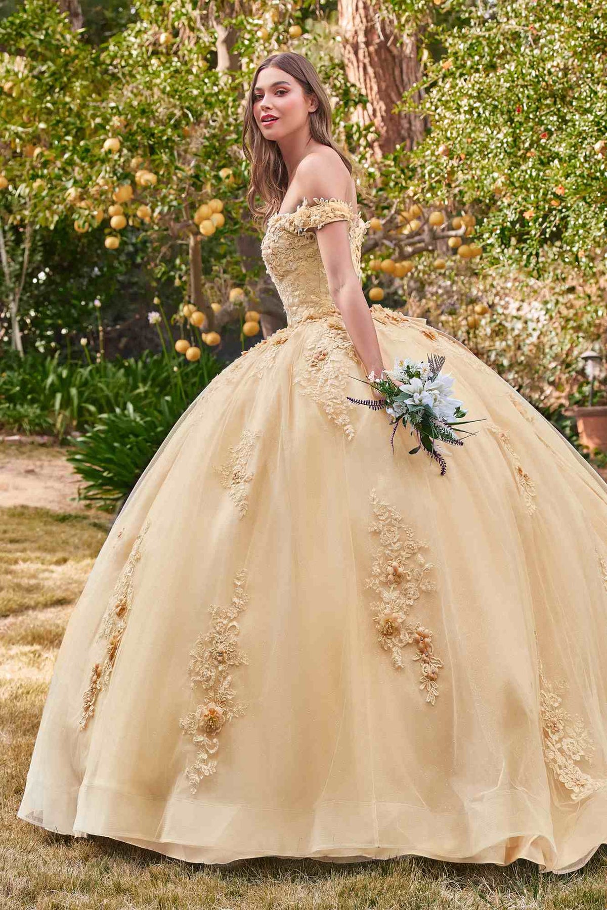Champagne gold off-shoulder ball gown with ornate lace embroidery and full skirt