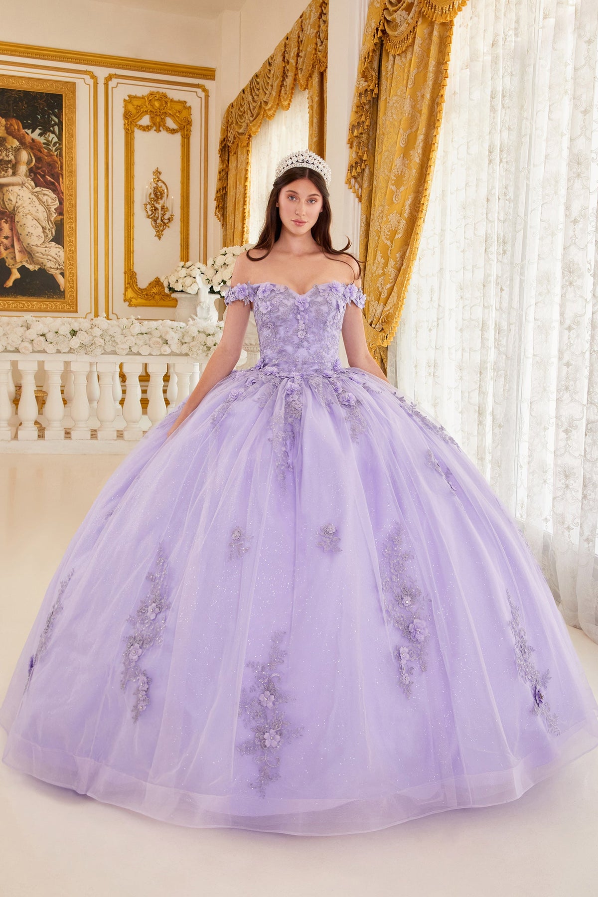 Lavender off-the-shoulder floral quince ball gown with layered tulle skirt
