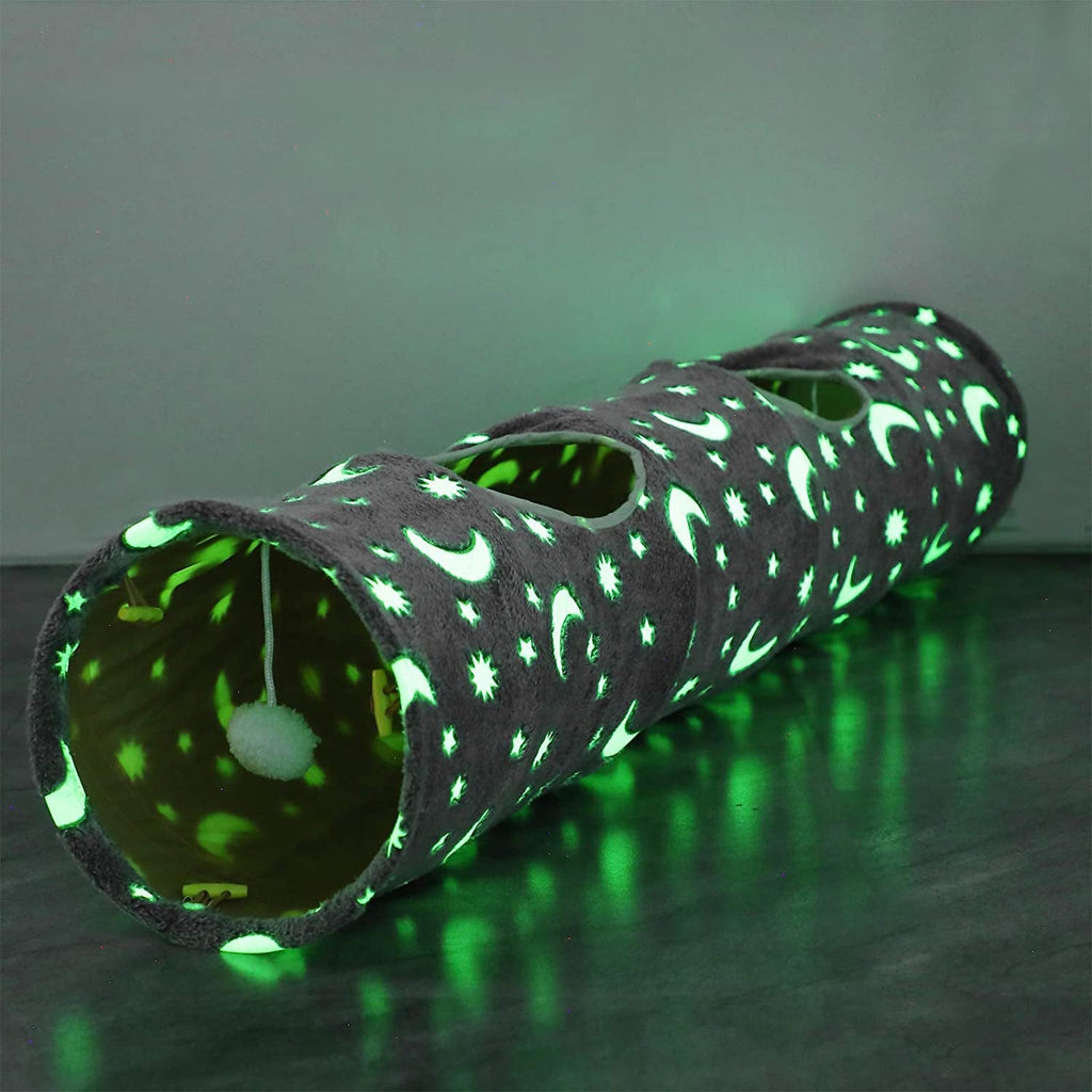 Collapsible cat tunnel with glow-in-the-dark moon and star print and hanging plush ball