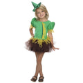 Toddler scarecrow tutu costume with green dress, yellow patch, brown layered skirt, hat