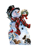 Outdoor Christmas yard stake decor with smiling snowman holding wreath, plaid scarf