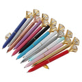 Set of gem-top metal ballpoint pens, blue, rose, black, teal, and gold caps