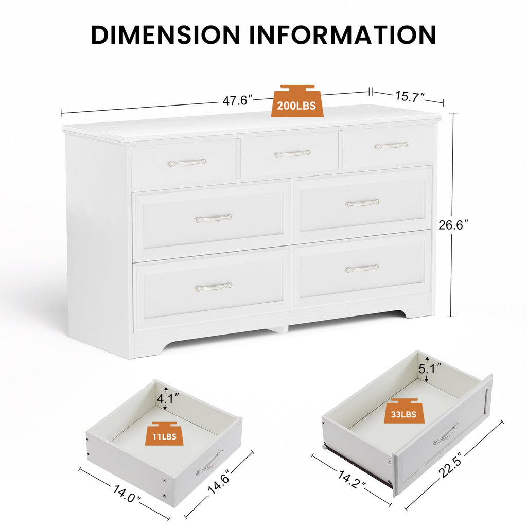 White dresser chest of drawers with labeled dimensions and drawer weight ratings