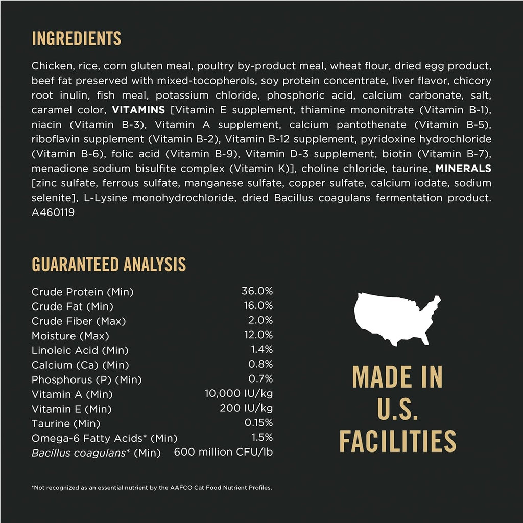 Cat food ingredient list and guaranteed analysis with U.S. manufacturing information