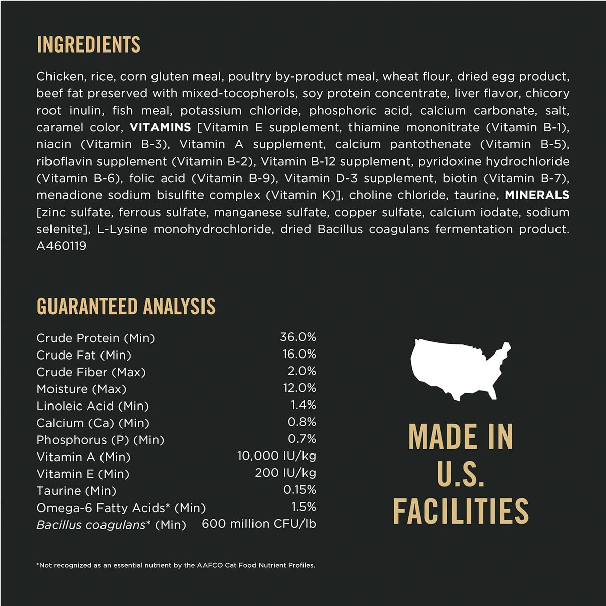 Cat food ingredient list and guaranteed analysis with U.S. manufacturing information