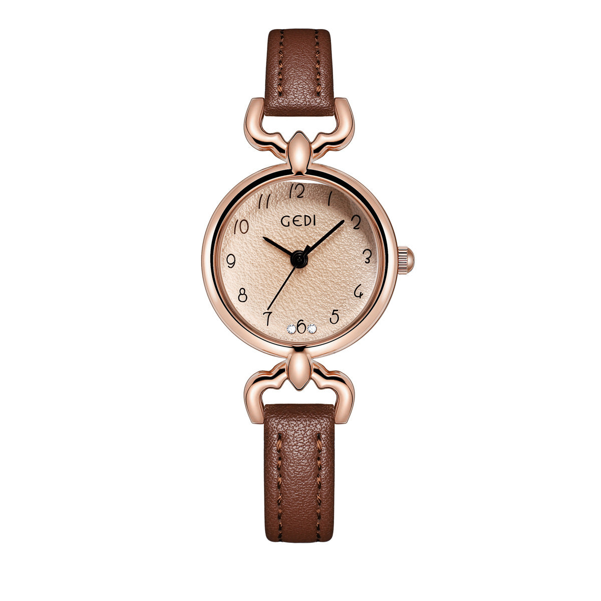 Petite ladies quartz watch with brown leather strap, rose-gold case, and tan dial