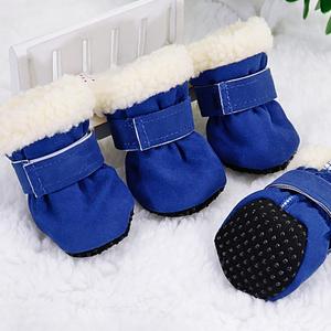 Waterproof winter dog boots, royal blue suede with white sherpa cuffs and strap