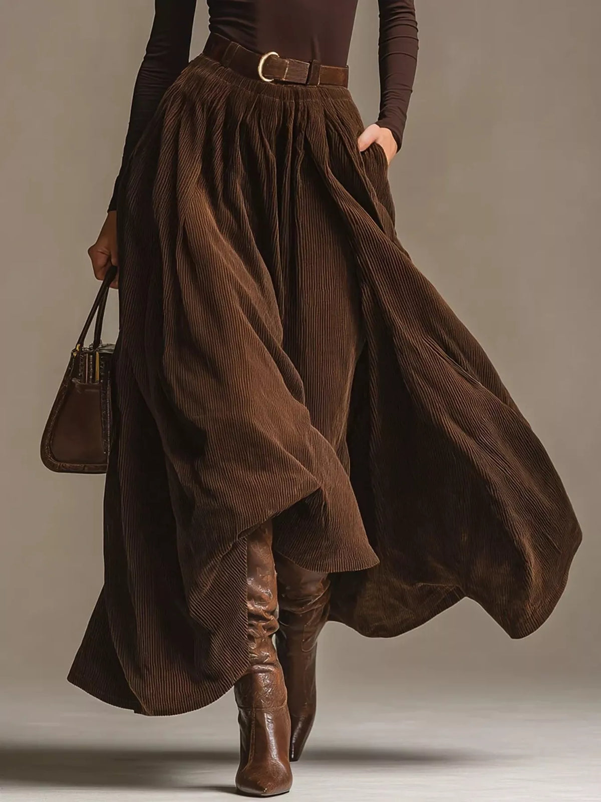 Brown turtleneck long-sleeve top with belted pleated maxi skirt, flared hem