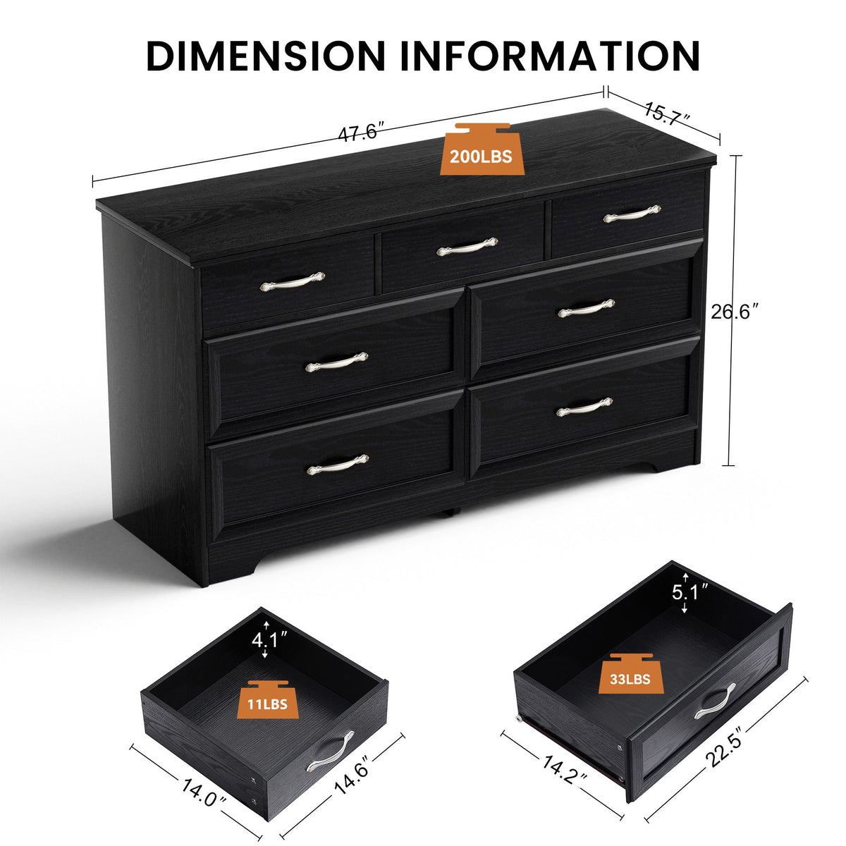 Black modern dresser with multiple drawers and silver-tone metal pull handles