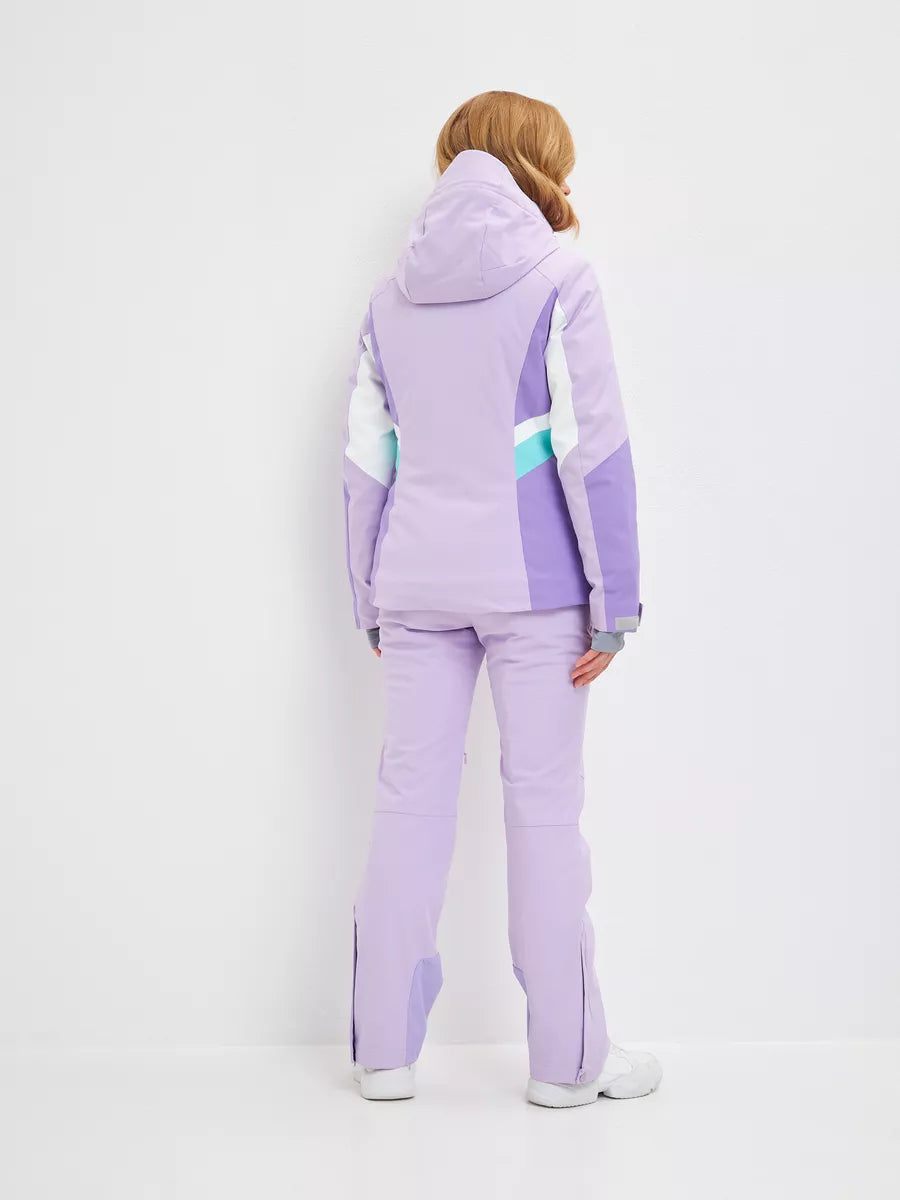 Lilac waterproof insulated ski jacket back view with hood and colorblock accents