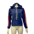 Levis women's cropped color-block hoodie in navy with cream panels and red sleeve stripes