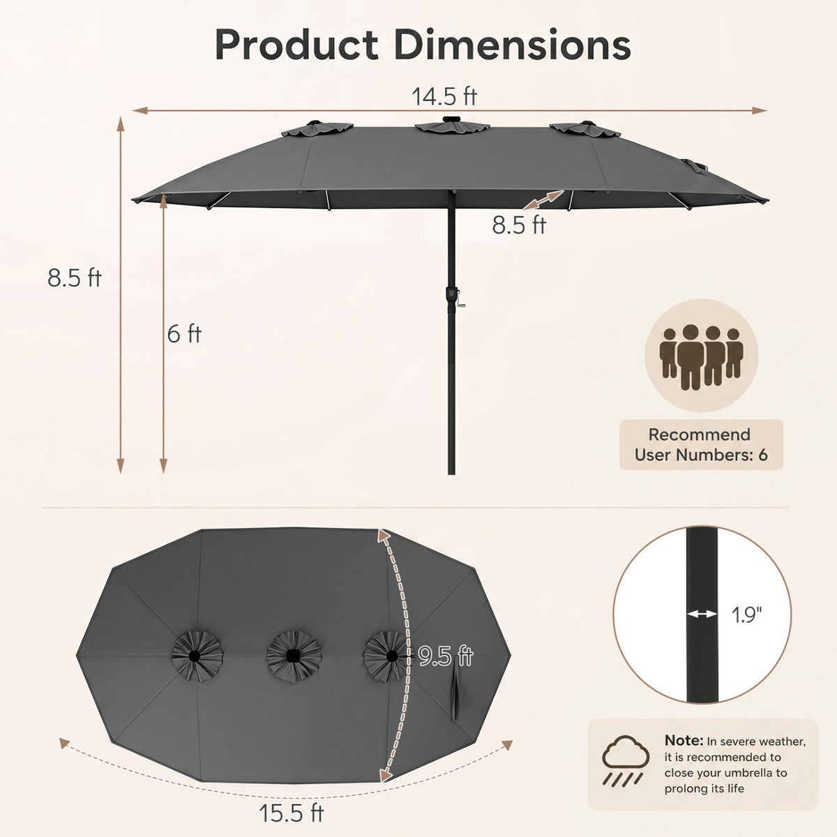 Dark gray extended patio umbrella with center pole and wide canopy