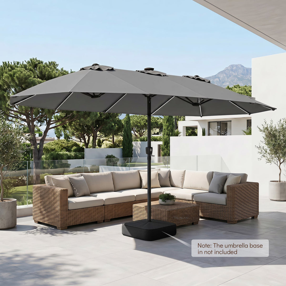 Navy patio umbrella open over outdoor seating, center pole, and solar LED lights