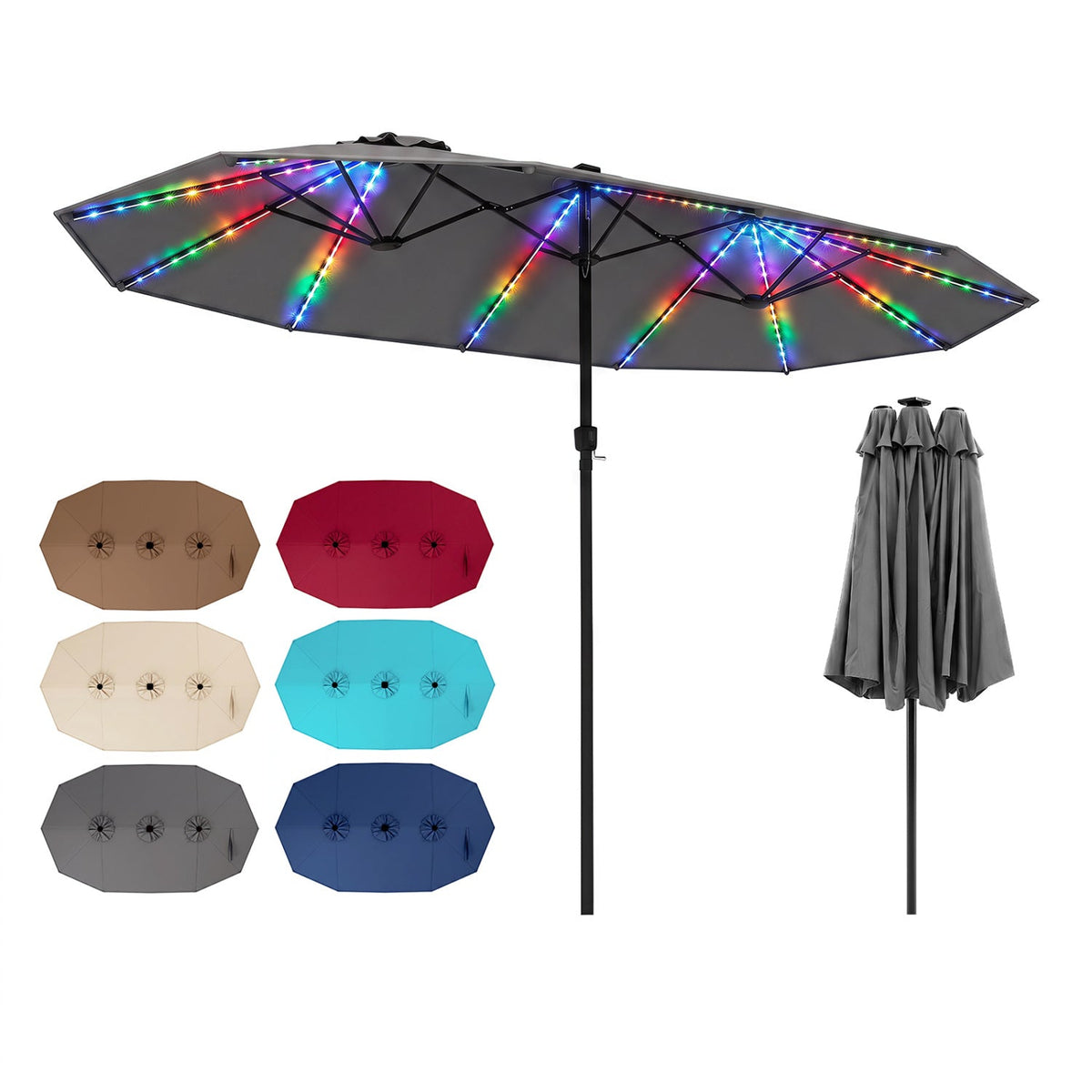 Dark gray patio umbrella canopy with multi-color solar LED light strips