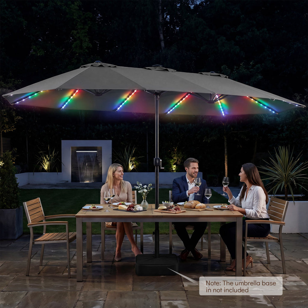 Dark gray patio umbrella with glowing multi-color solar LED lights on ribs