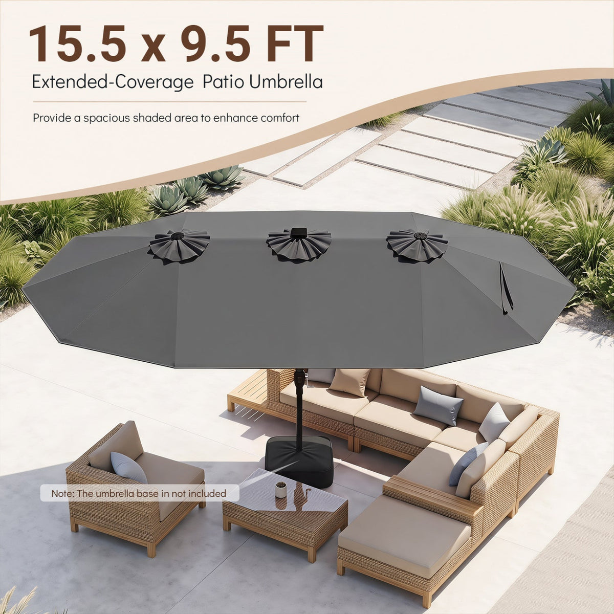 Dark gray 15.5 ft patio umbrella canopy from above with center ribs