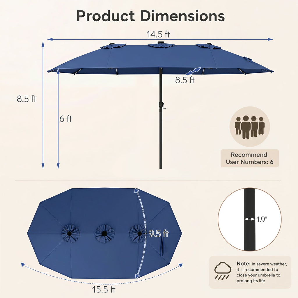 Navy patio umbrella size chart view with open canopy, center pole, and LED lights