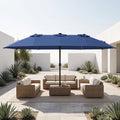 Navy patio umbrella with open canopy, center pole, and solar LED lights