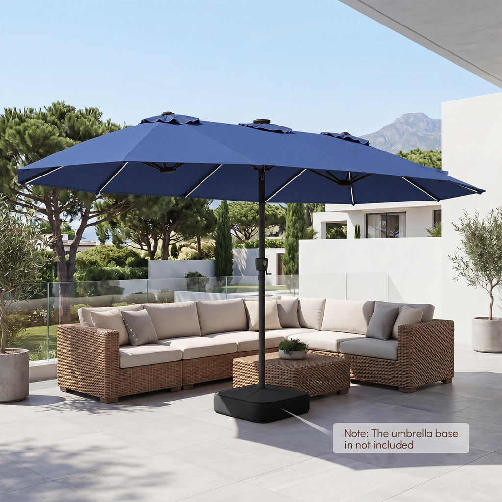 Navy patio umbrella open over outdoor seating, with center pole and solar LED lights