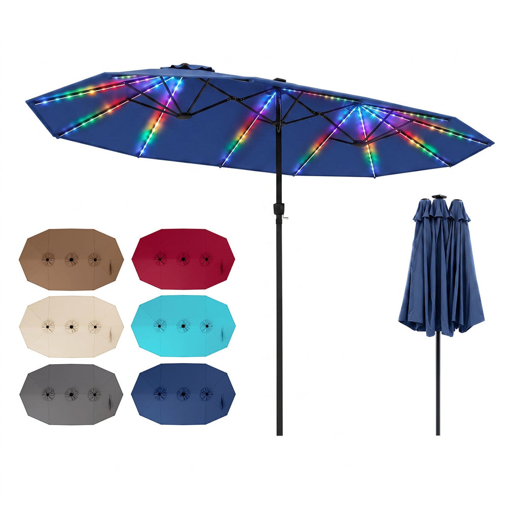 Navy patio umbrella with glowing multicolor LED lights along the ribs