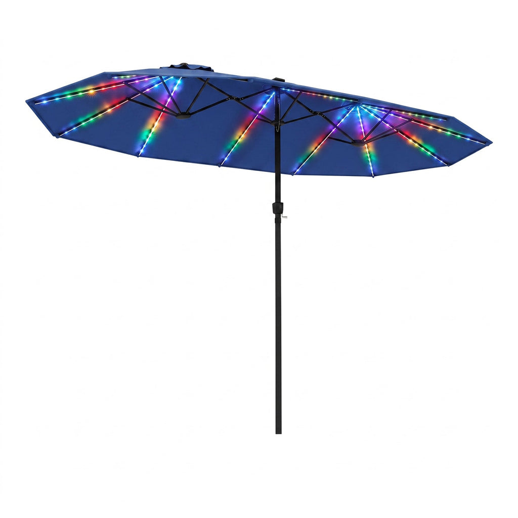 Navy patio umbrella open with multicolor LED light strips across the canopy