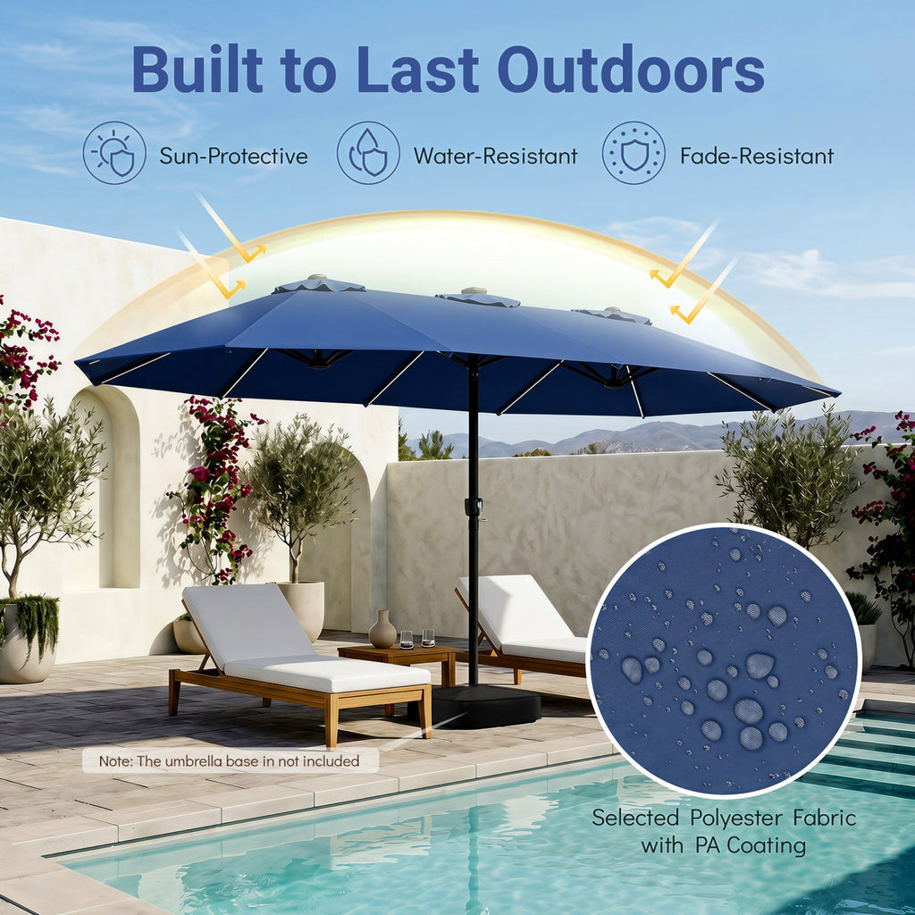 Navy patio umbrella canopy with water-bead fabric detail and multicolor LED lights