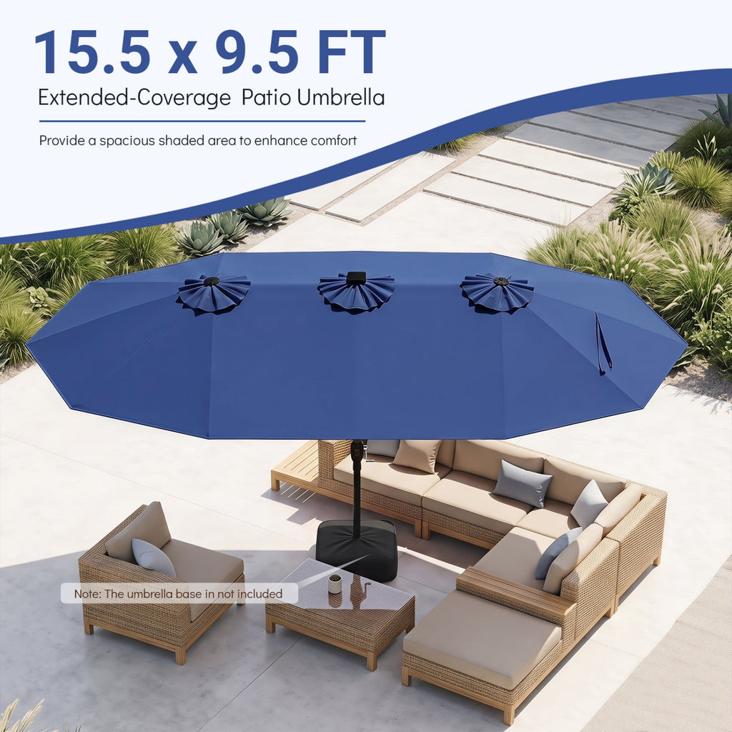 Navy extended-coverage patio umbrella canopy with 15.5 x 9.5 ft span and solar LEDs