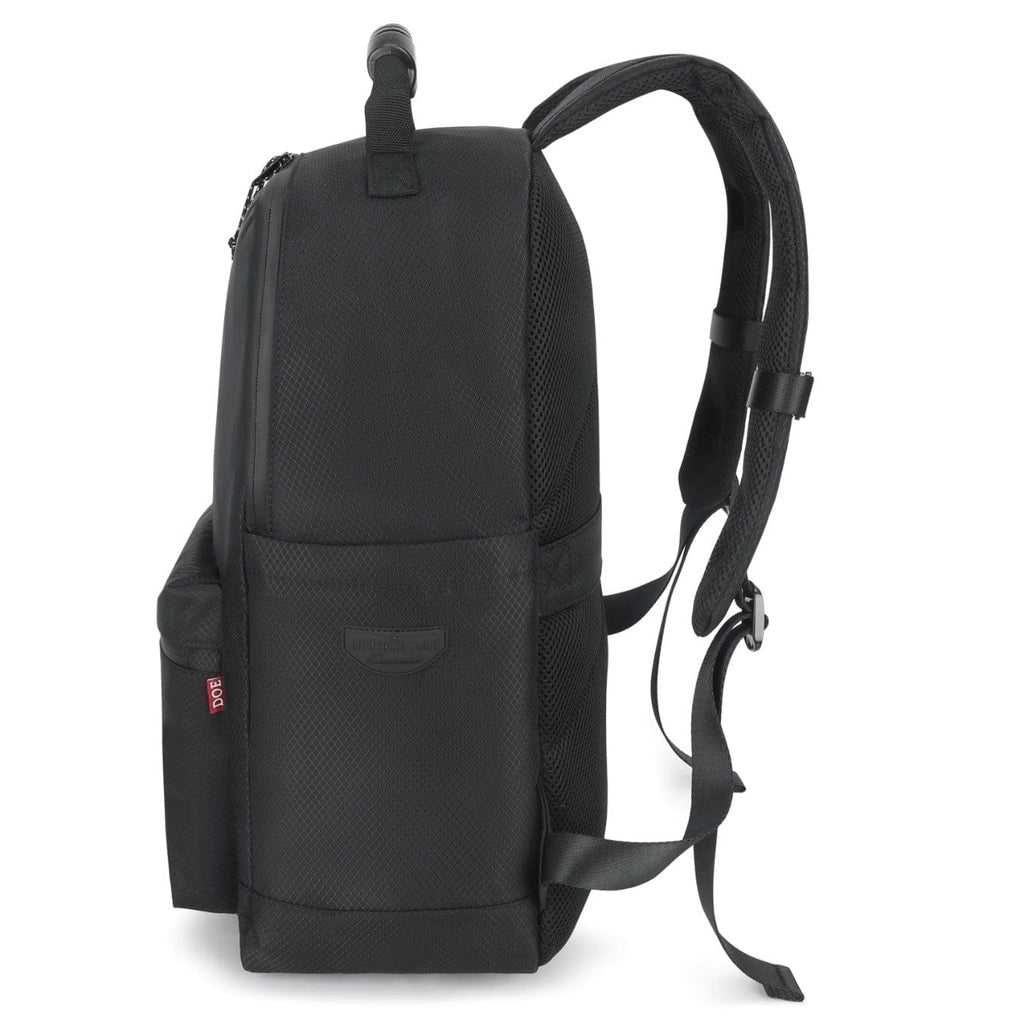 Black fabric backpack with top handle, lower front pocket, and adjustable shoulder straps