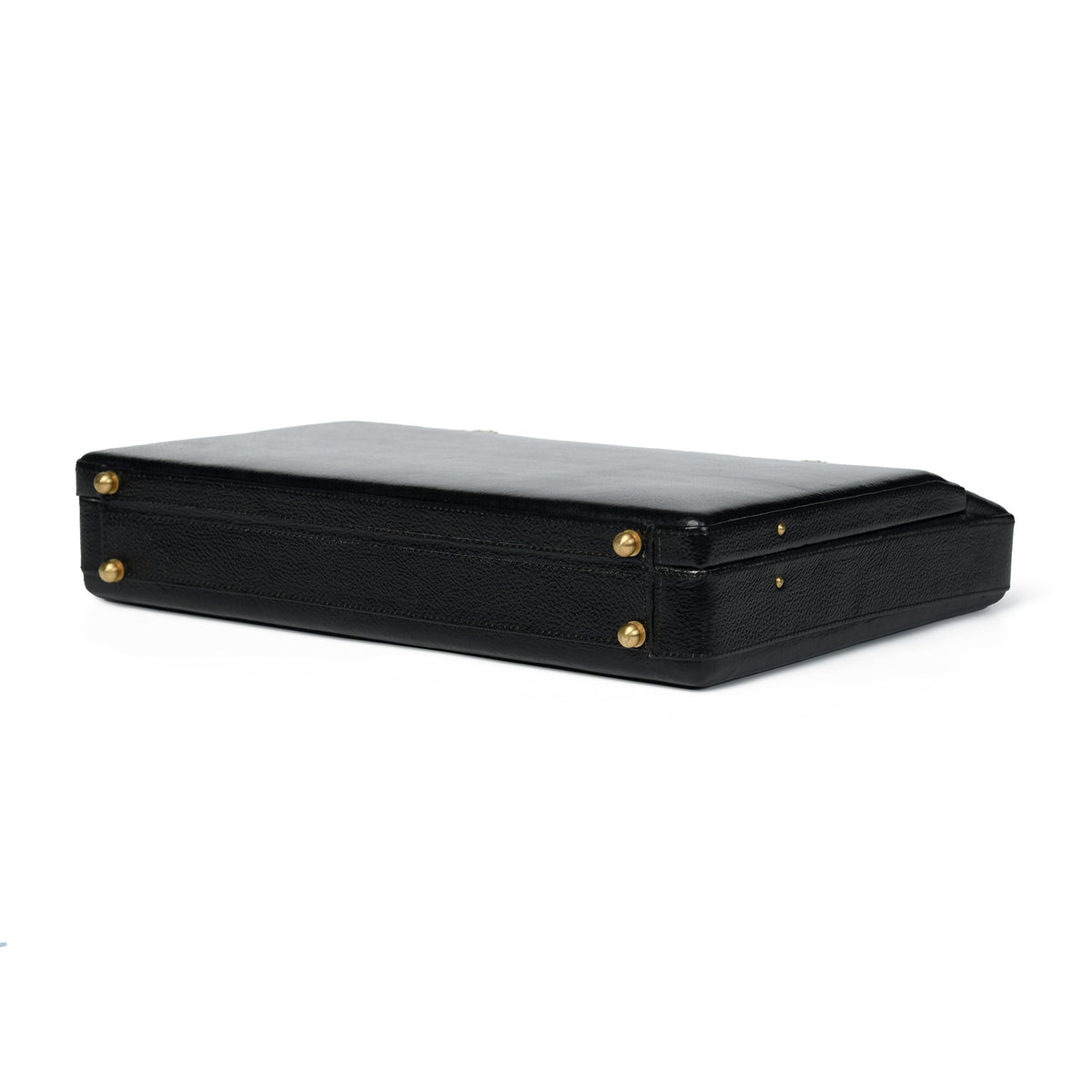 Black leather briefcase top view with gold-tone corner hardware