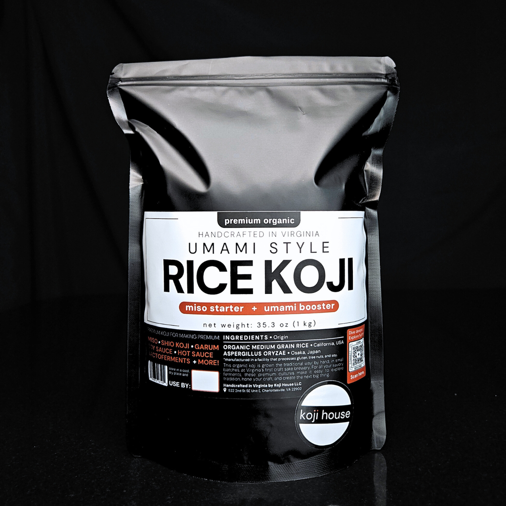 Organic rice koji starter in sealed silver foil pouch with label, 1 kg