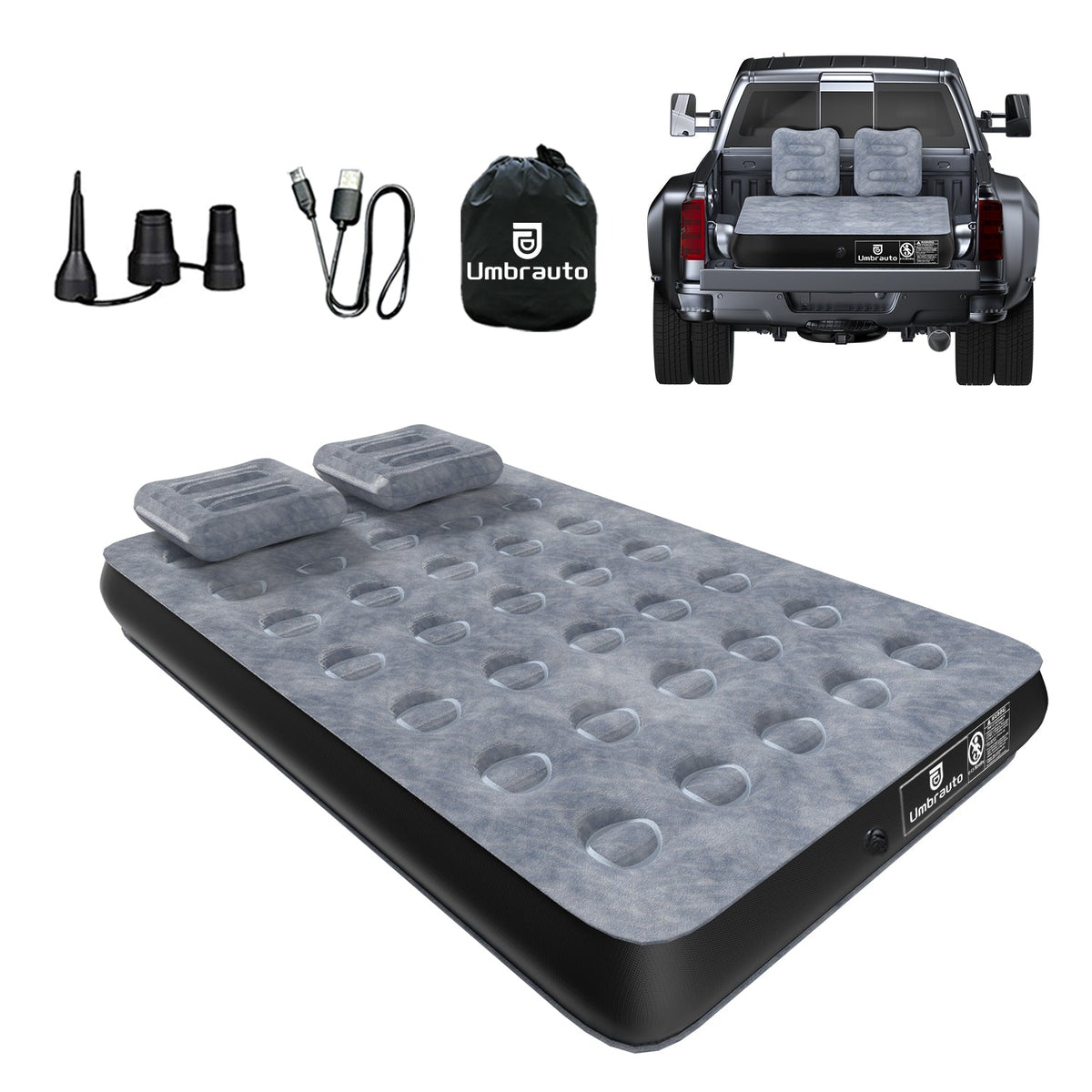 Umbrauto truck bed air mattress, gray inflatable mattress with pump kit and carry bag