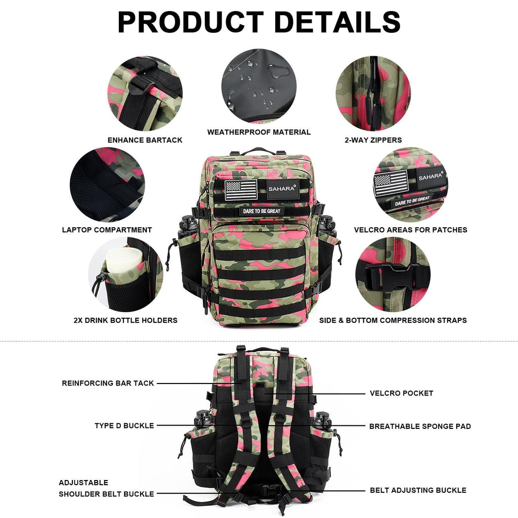 Pink camo travel backpack product details showing front panel, zippers, and compression straps