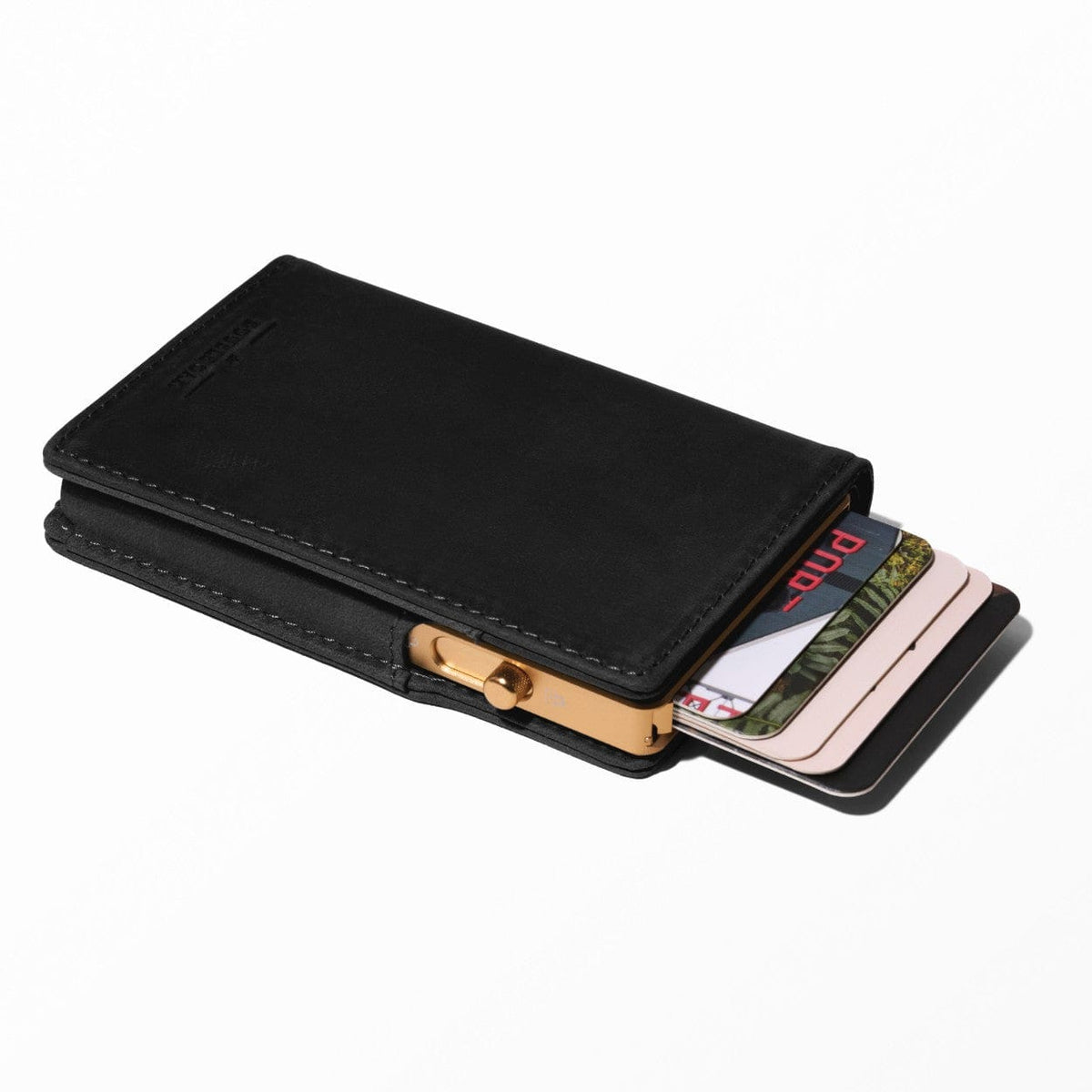 Black leather bifold wallet with card slots and gold tone snap closure