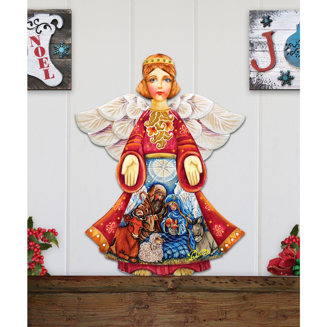 Nativity angel door decor with white wings, red robe, blue nativity base, ring handles