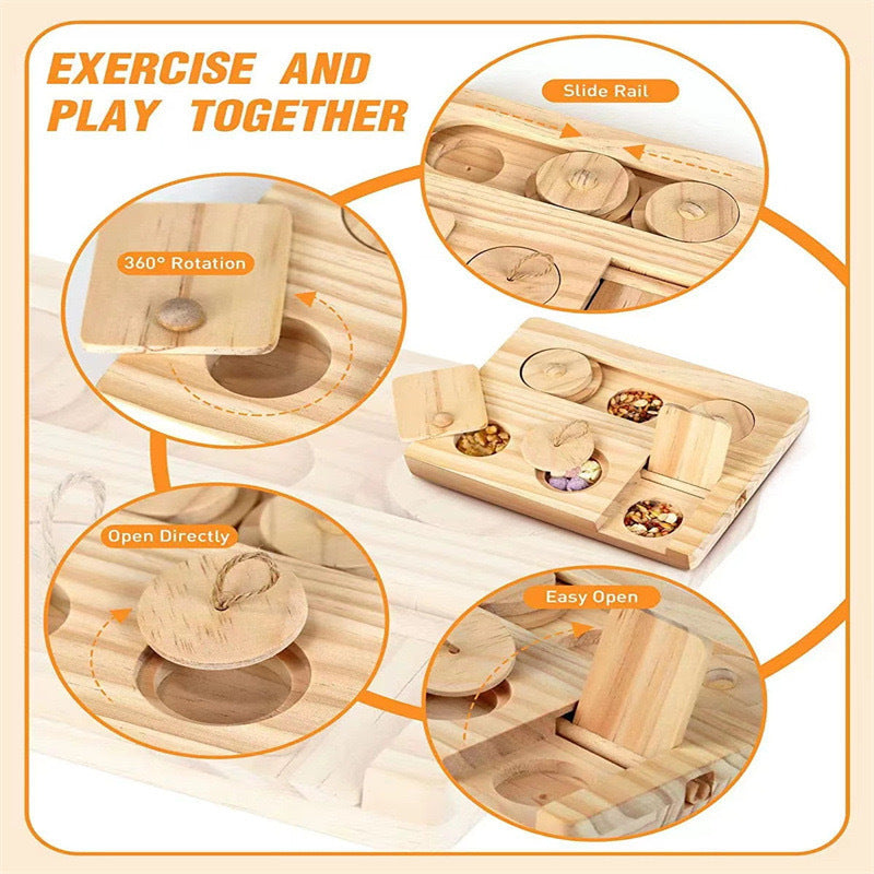 Wooden hamster snack feeder with rotating track, slide rail, and treat wells