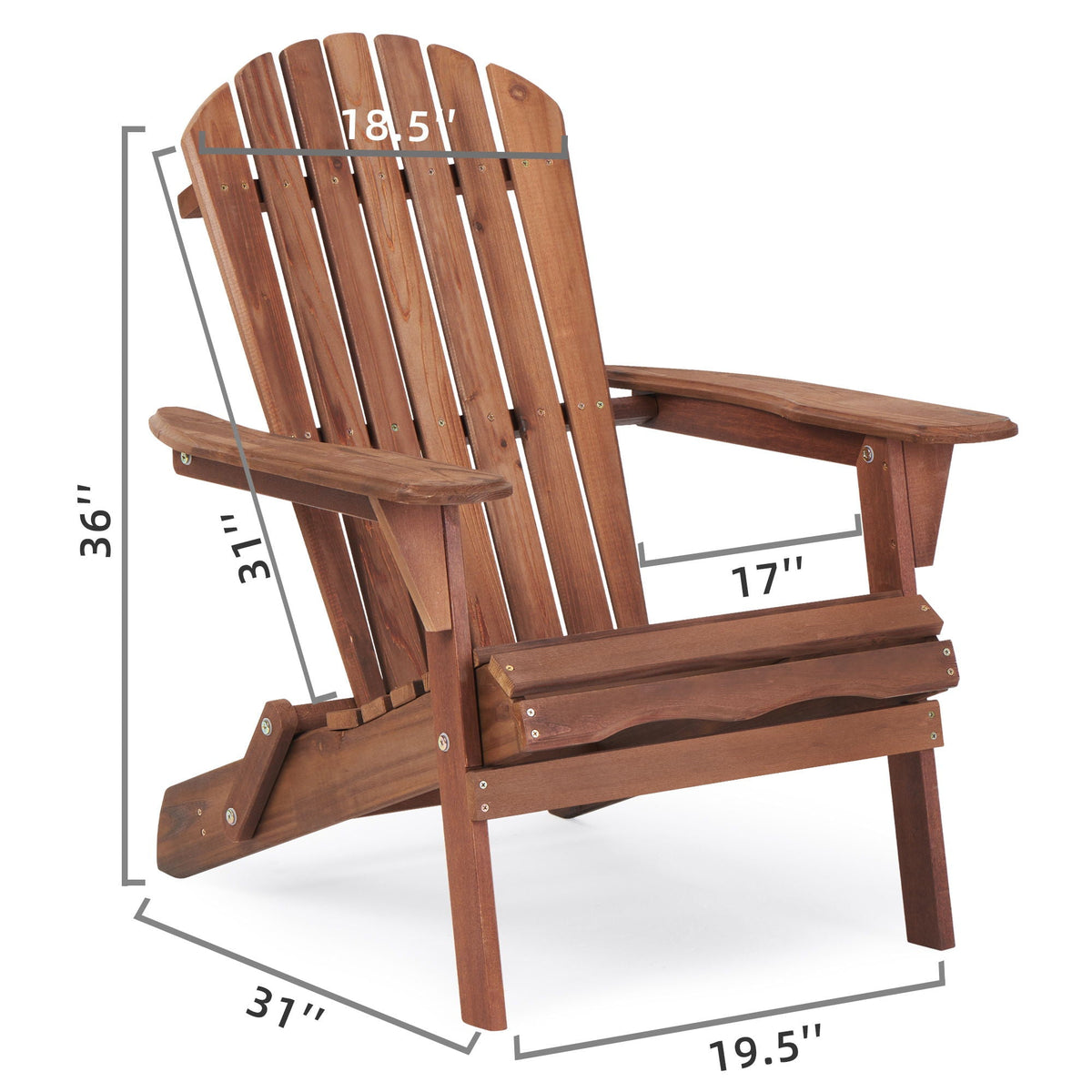 Light brown wooden folding adirondack chair, slatted back and wide armrest