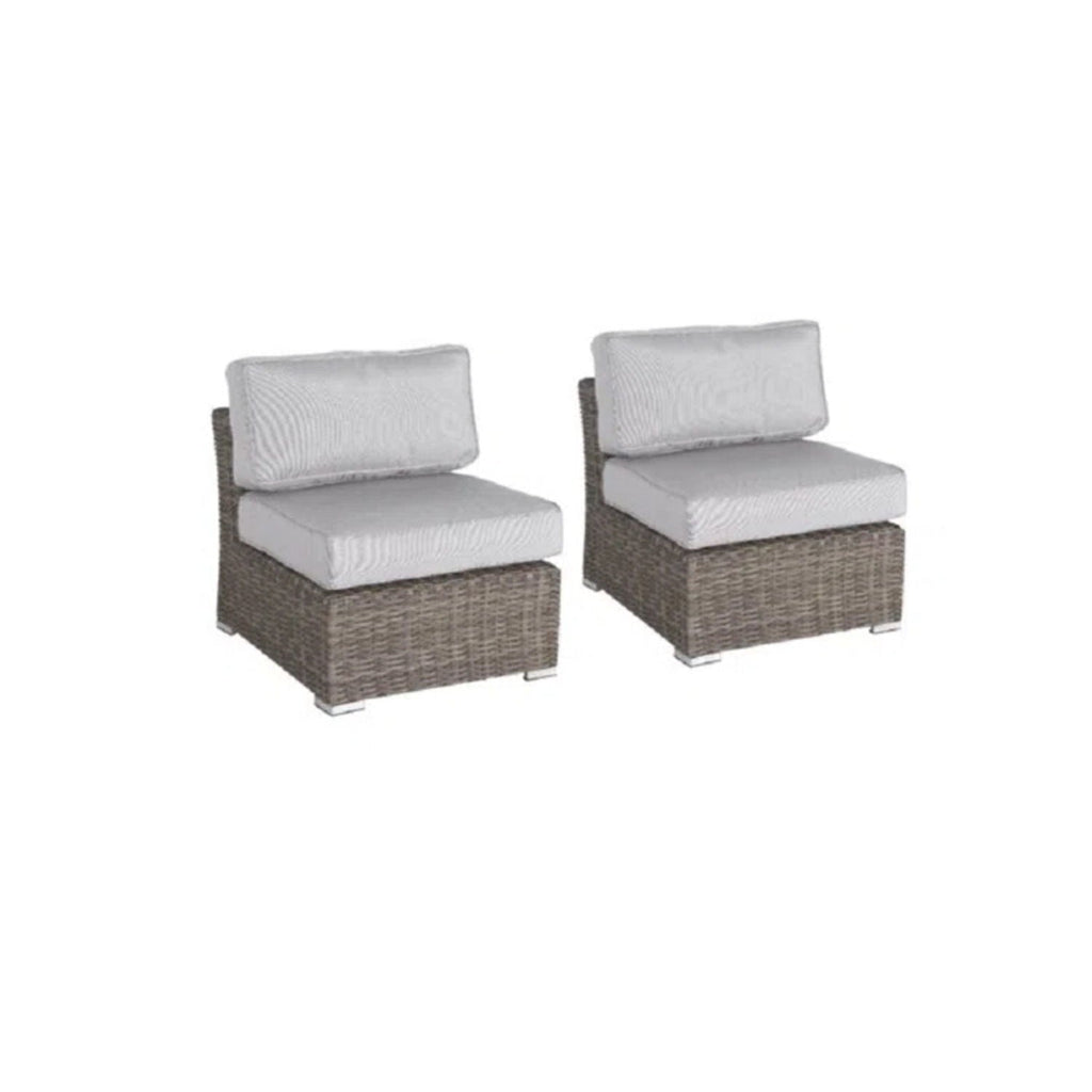 Two-piece wicker patio chair set with white cushions and dark brown bases